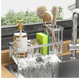 Sink Caddy Sponge Holder for Kitchen, 304 Stainless Steel Rustproof, Kitchen Sink Caddy with High Brush Holder