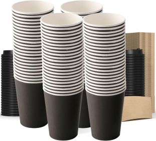 50 Pack 12 oz Disposable Black Coffee Cups with Lids, Sleeves, Leak-Proof To Go Coffee Cups with Lids, Durable Paper Cups for Hot Beverage in Par